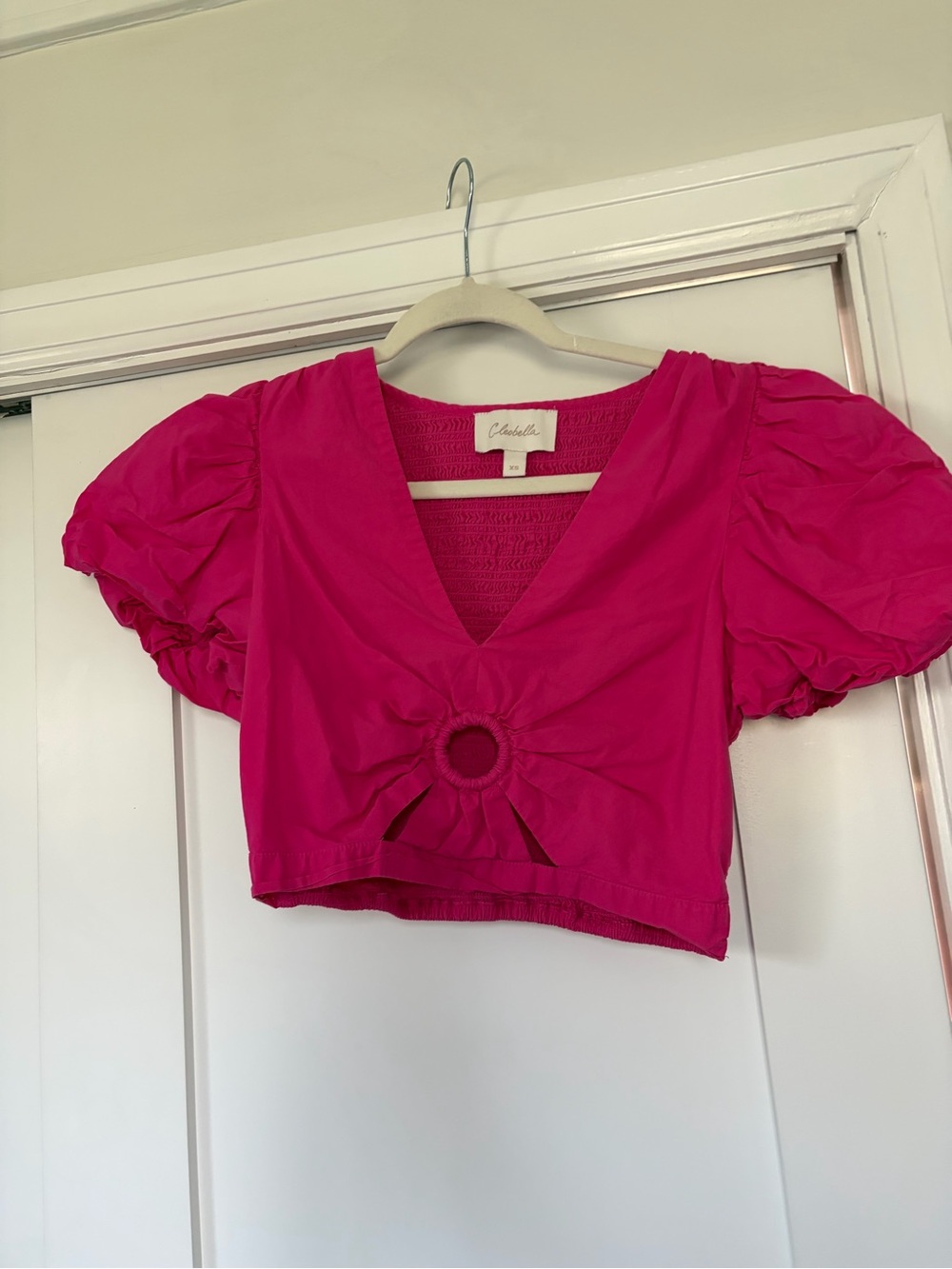 Cleobella Hot Pink Puff-Sleeve Ring-Front Crop Top